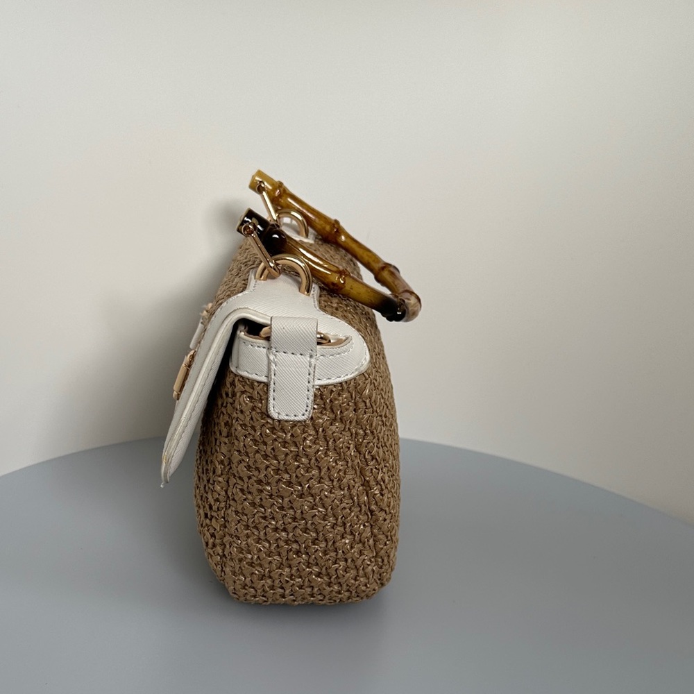 Studio F Chic Tan and White Satchel with Bamboo Handle - Picture 5 of 10